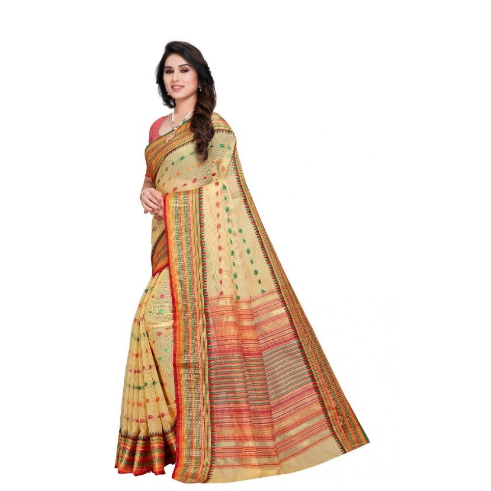 Women's Kota Doria Cotton Woven Butta Saree With Blouse (Beige, 5-6 Mtrs)