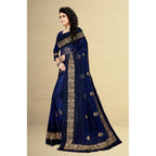 Women's Net Saree With Blouse (Navy Blue, 5-6Mtrs)