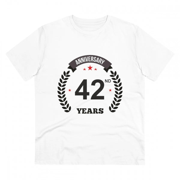 Men's PC Cotton 42nd Anniversary Printed T Shirt (Color: White, Thread Count: 180GSM)