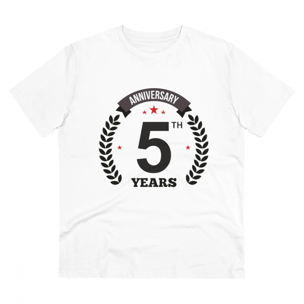 Men's PC Cotton 5th Anniversary Printed T Shirt (Color: White, Thread Count: 180GSM)