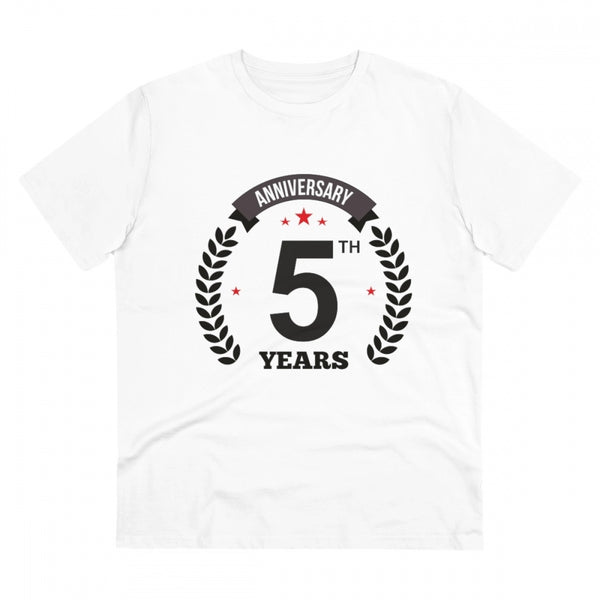 Men's PC Cotton 5th Anniversary Printed T Shirt (Color: White, Thread Count: 180GSM)