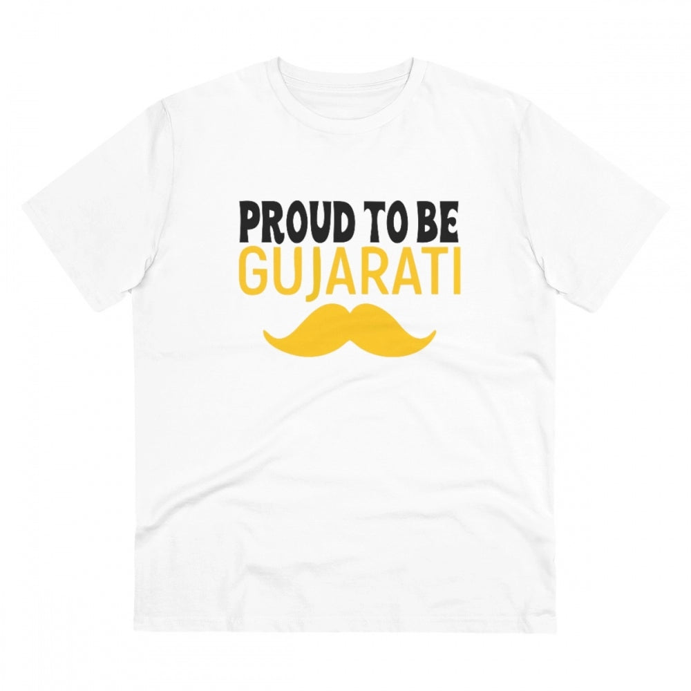 Men's PC Cotton Proud To Be Gujarati Printed T Shirt (Color: White, Thread Count: 180GSM)
