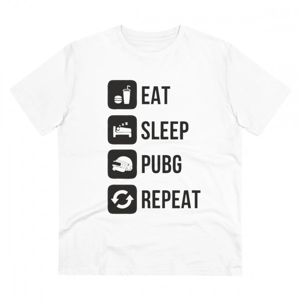Men's PC Cotton Eat Sleep Pubg Repeat Printed T Shirt (Color: White, Thread Count: 180GSM)