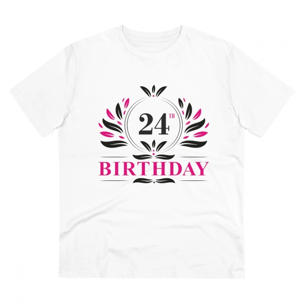 Men's PC Cotton 24th Birthday Printed T Shirt (Color: White, Thread Count: 180GSM)