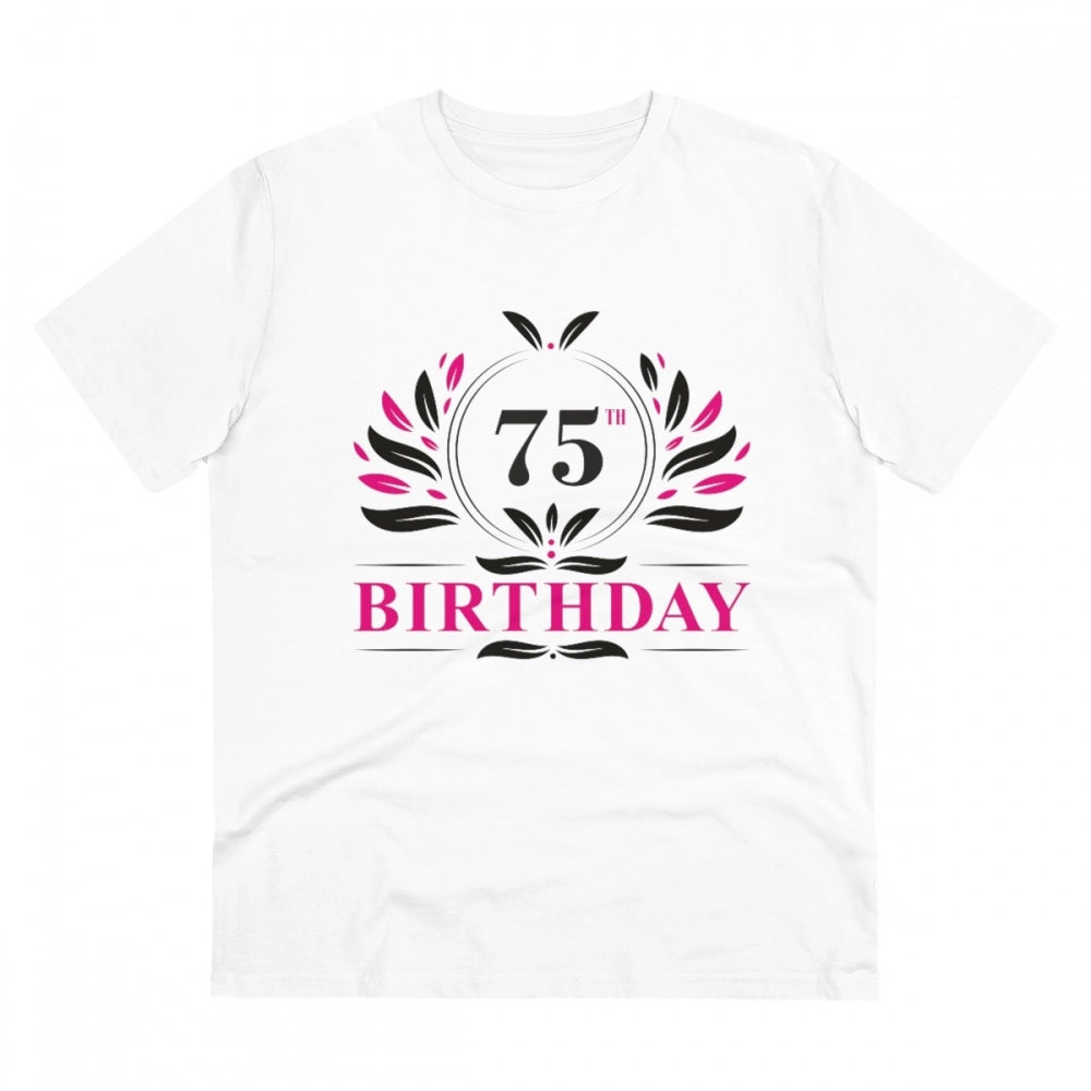 Men's PC Cotton 75th Birthday Printed T Shirt (Color: White, Thread Count: 180GSM)