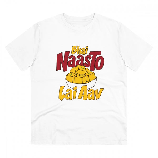 Men's PC Cotton Bhai Nasto Lai Aav Printed T Shirt (Color: White, Thread Count: 180GSM)