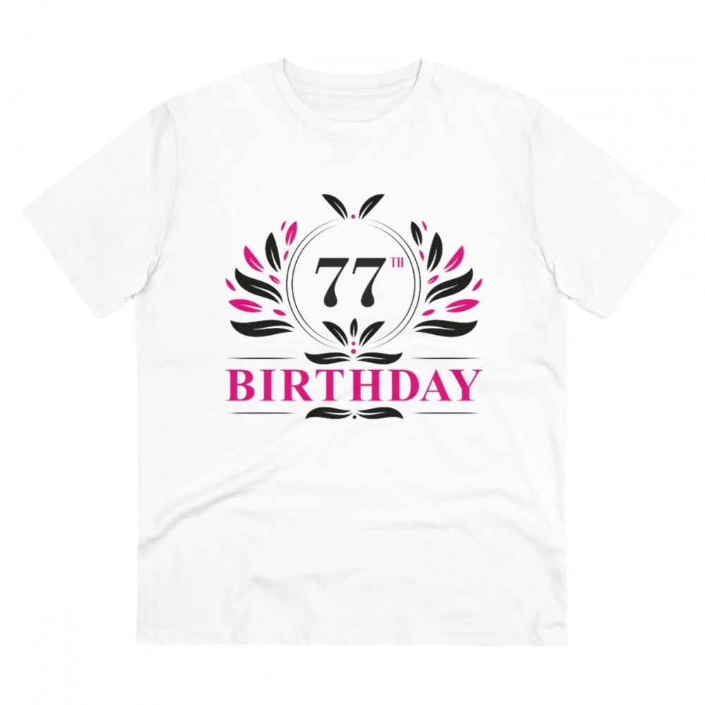 Men's PC Cotton 77th Birthday Printed T Shirt (Color: White, Thread Count: 180GSM)