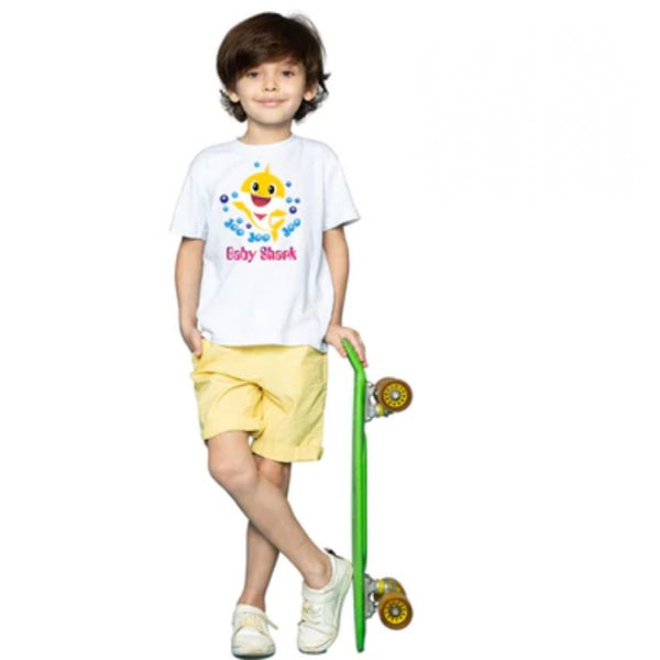 Boys Cotton Baby Shark Half Sleeve TShirt (White)