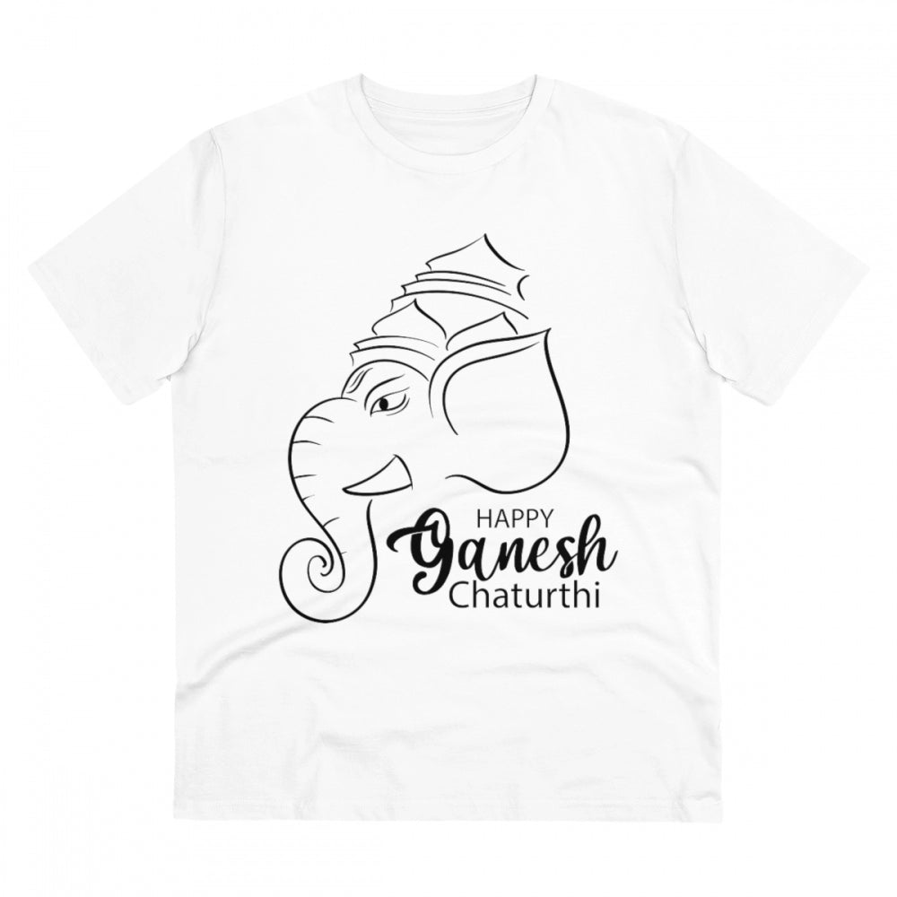 Men's PC Cotton Ganesh Printed T Shirt (Color: White, Thread Count: 180GSM)