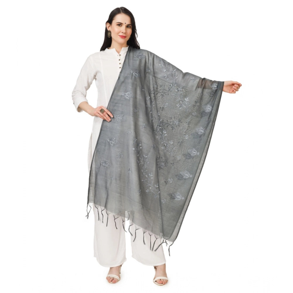 Women's Cotton Embroidered Dupatta (Grey, Length:  2.25 to 2.50 Mtr)