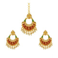 Women's Rose Gold Plated Alloy Kundan Earrings &amp; Mangtikka (Red &amp; Green)