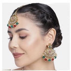 Women's Rose Gold Plated Alloy Kundan Earrings &amp; Mangtikka (Red &amp; Green)
