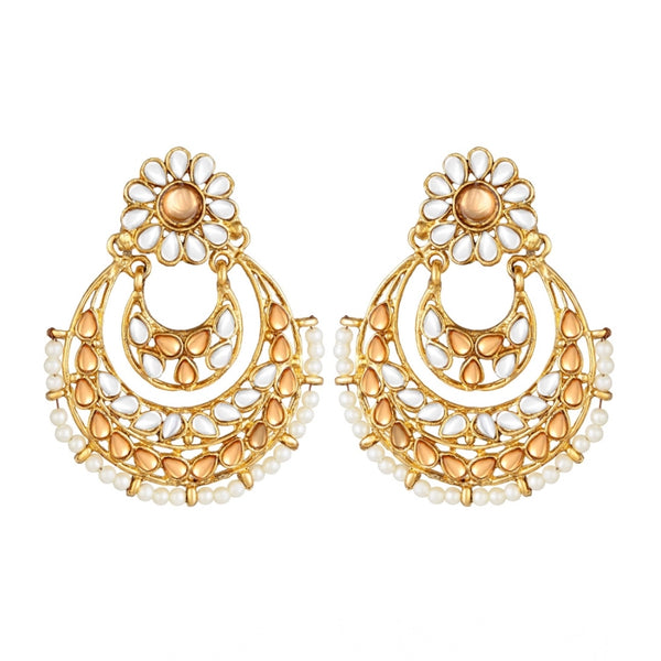 Women's Rose Gold Plated Alloy Kundan Earrings &amp; Mangtikka (White &amp; Gold)