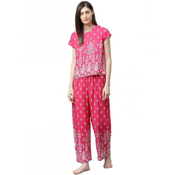 Women's Casual Short Sleeve Printed Rayon Pajama Set (Pink)