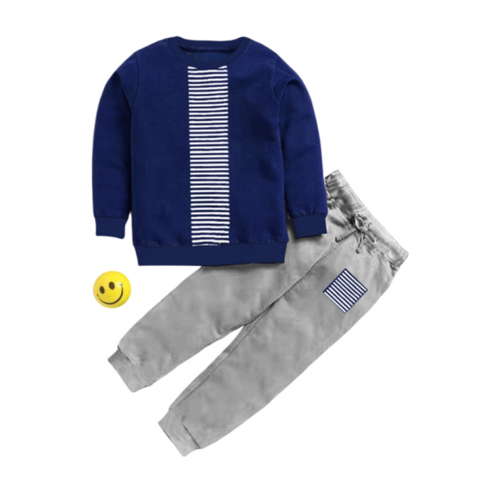 Boy's Casual Full Sleeve Printed Cotton T Shirt With Pant (Navy Blue)