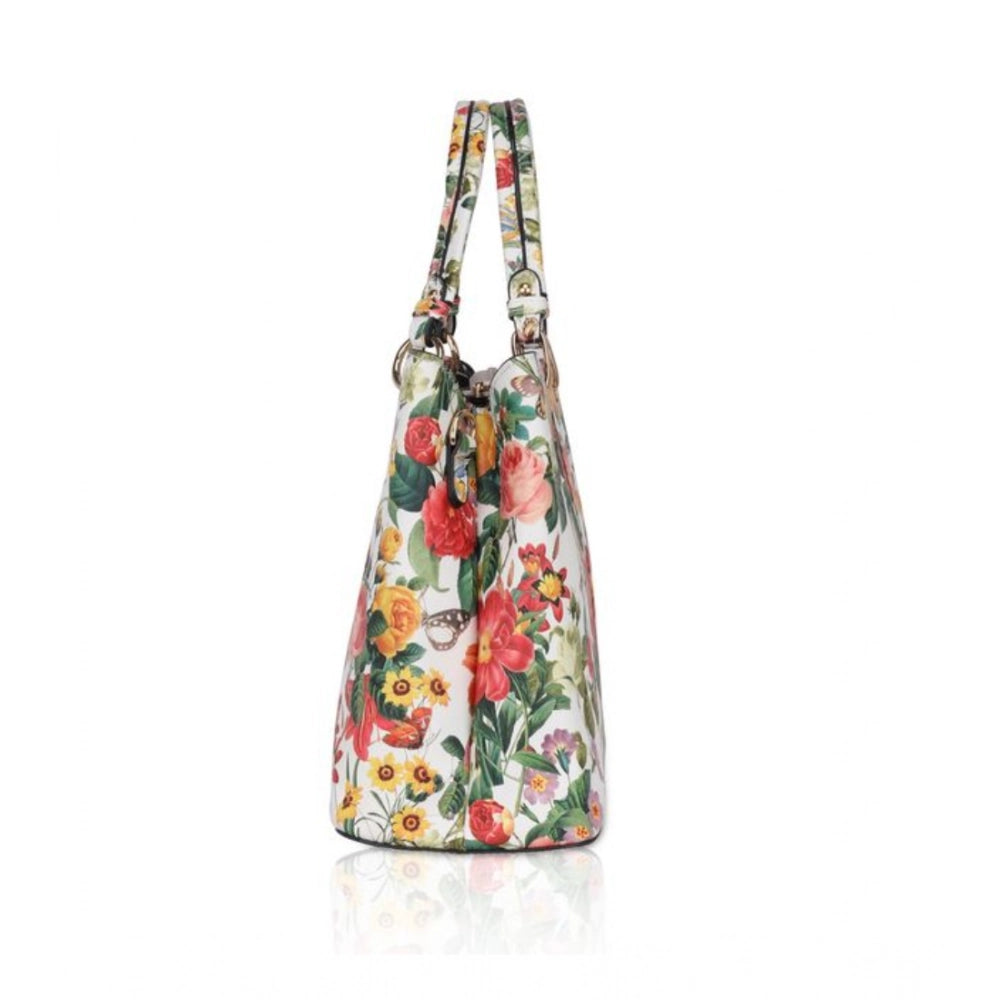 Women's Faux Leather Printed Handheld Bag (White Orang)