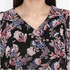 Women's Polyester Floral Short Sleeve Knee-Length Dress (Black - Multicolor)