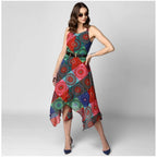 Women's Polyester Asymmetrical Shoulder Straps Knee-Length Dress (Multicolor)