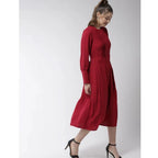 Women's Polyester Pintuck Long Sleeves Below Knee Dress (Red)