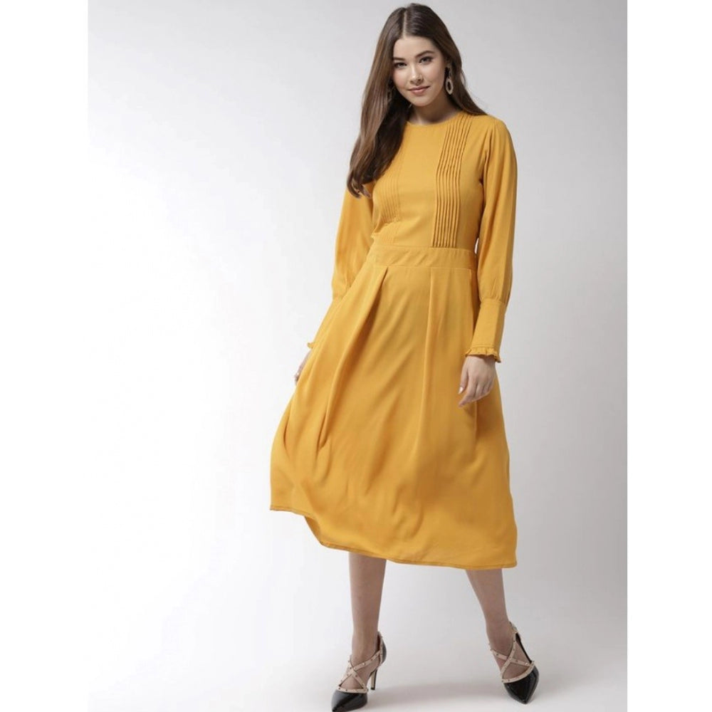 Women's Polyester Pintuck Long Sleeves Below Knee Dress (Yellow)