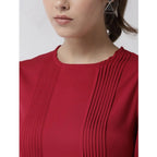 Women's Polyester Pintuck Long Sleeves Below Knee Dress (Red)