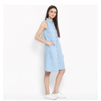 Women's Denim Solid Sleeveless Below Knee Dress (Blue)