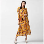 Women's Polyester Floral Long Sleeves Calf-length Dress (Yellow)