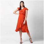 Women's Polyester Ruffled Cap Sleeve Knee-Length Dress (Orange)