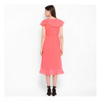 Women's Polyester Ruffled Cap Sleeve Below Knee Dress (Coral Pink)