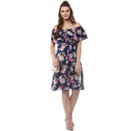 Women's Polyester Crepe Floral Half Sleeve Above Knee Dress (Navy Blue)
