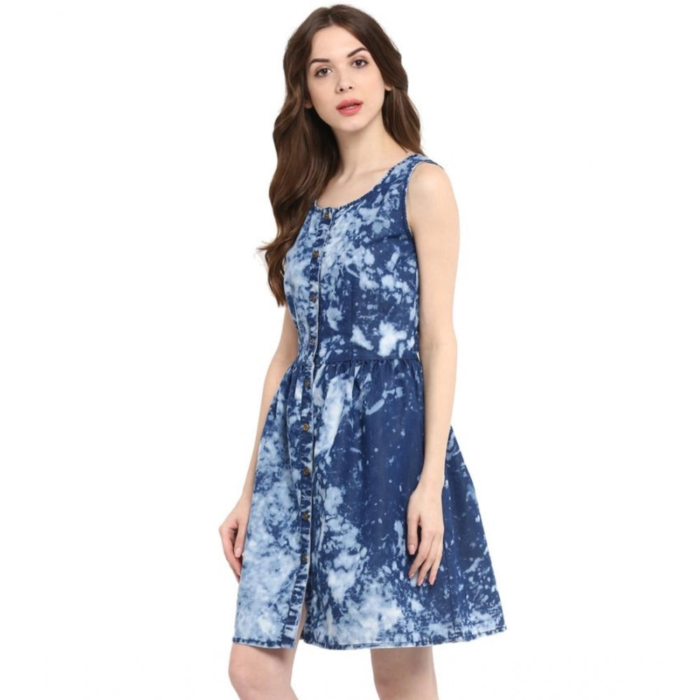 Women's Denim Tie &amp; Dye Sleeveless Above Knee Dress (Blue)