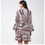 Women's Polyester Animal Print Bell Sleeve Above Knee Dress (Pink - Black)