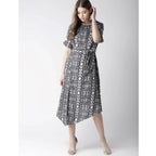Women's Polyester Animal Print Short Sleeve Knee-Length Dress (Black - White)