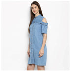 Women's Denim Solid Cold Shoulder Above Knee Dress (Blue)
