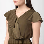 Women's Polyester Ruffled Cap Sleeve Knee-Length Dress (Olive)