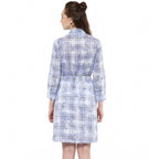 Women's Cotton Checkered Roll Up Sleeve Above Knee Dress (Blue)