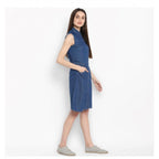 Women's Denim Solid Sleeveless Above Knee Dress (Blue)