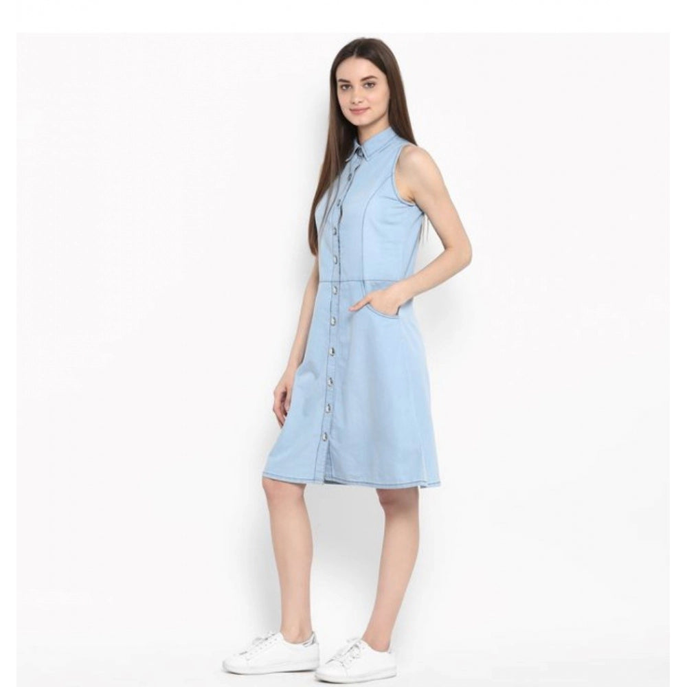 Women's Denim Solid Sleeveless Below Knee Dress (Blue)