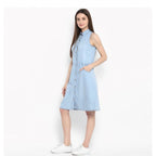 Women's Denim Solid Sleeveless Below Knee Dress (Blue)