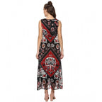 Women's Polyester Printed Sleeveless Dress (Red - Black)