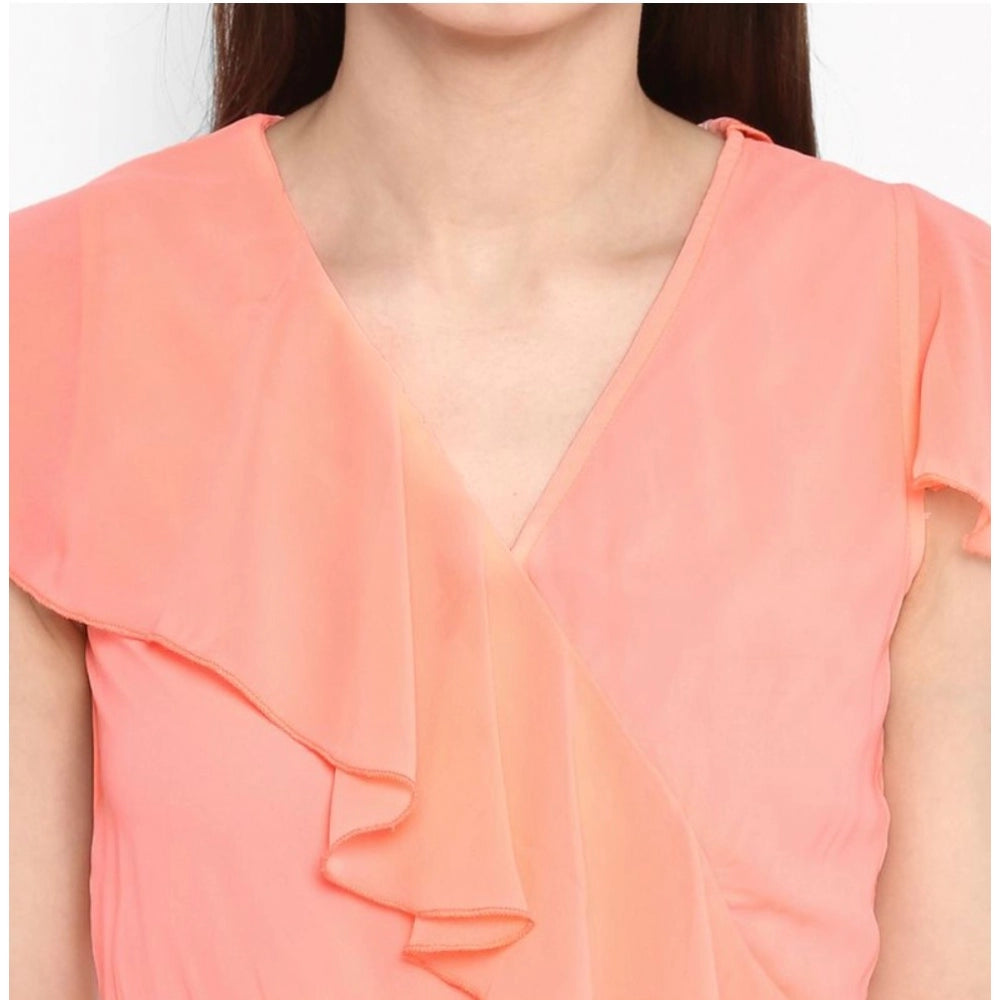 Women's Polyester Ruffled Cap Sleeve Below Knee Dress (Neon Pink)