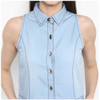 Women's Denim Solid Sleeveless Below Knee Dress (Blue)