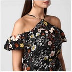 Women's Polyester Floral Cold Shoulder Above Knee Dress (Black)