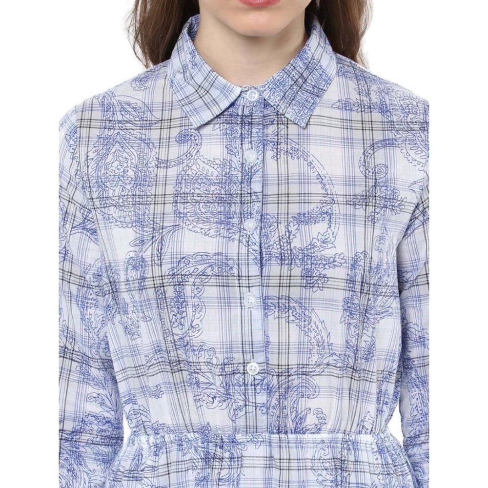 Women's Cotton Checkered Roll Up Sleeve Above Knee Dress (Blue)
