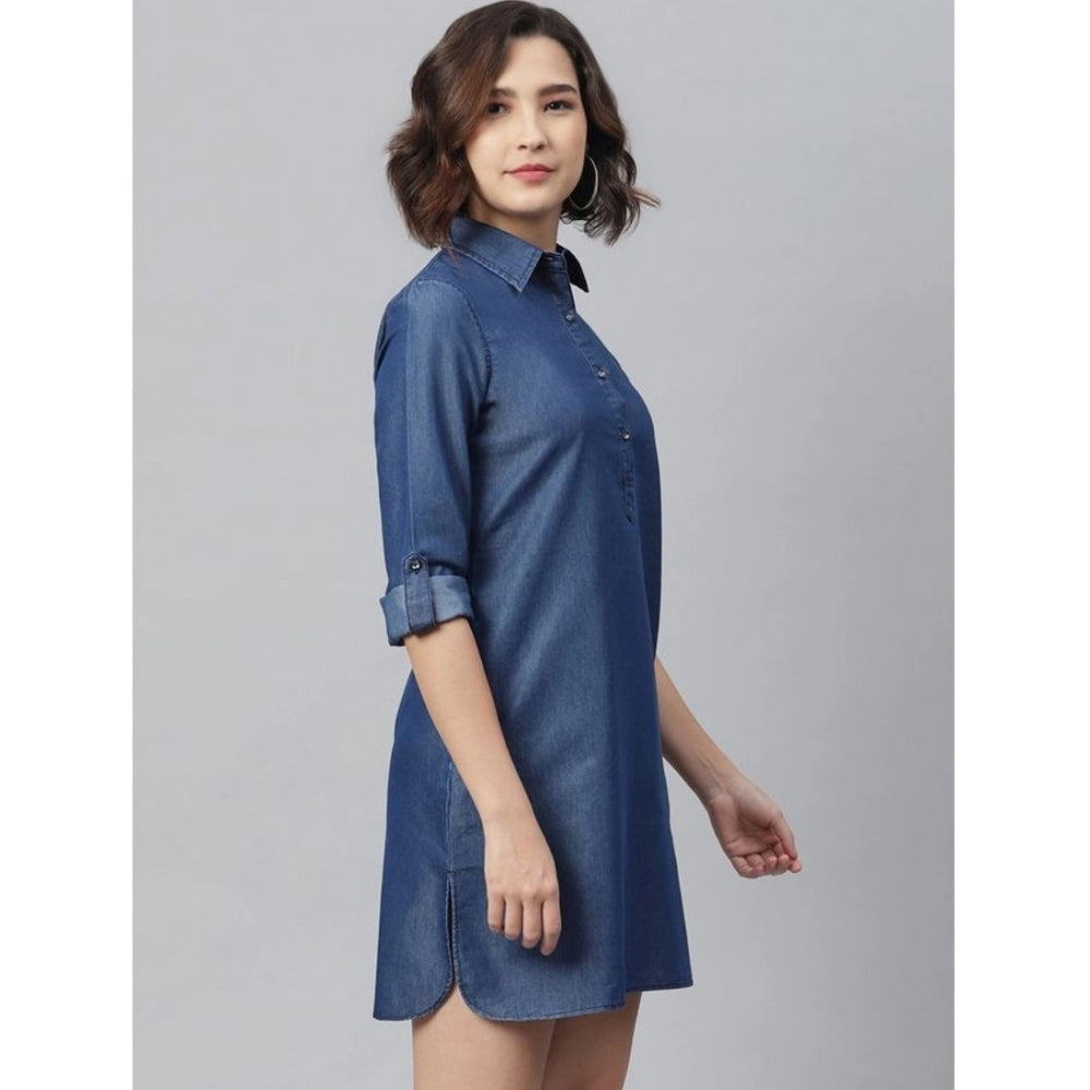 Women's Denim Solid Long Sleeves Above Knee Dress (Navy Blue)