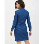 Women's Denim Solid Long Sleeves Above Knee Dress (Blue)