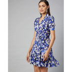 Women's Polyester Floral Short Sleeve Above Knee Dress (Blue - Purple)