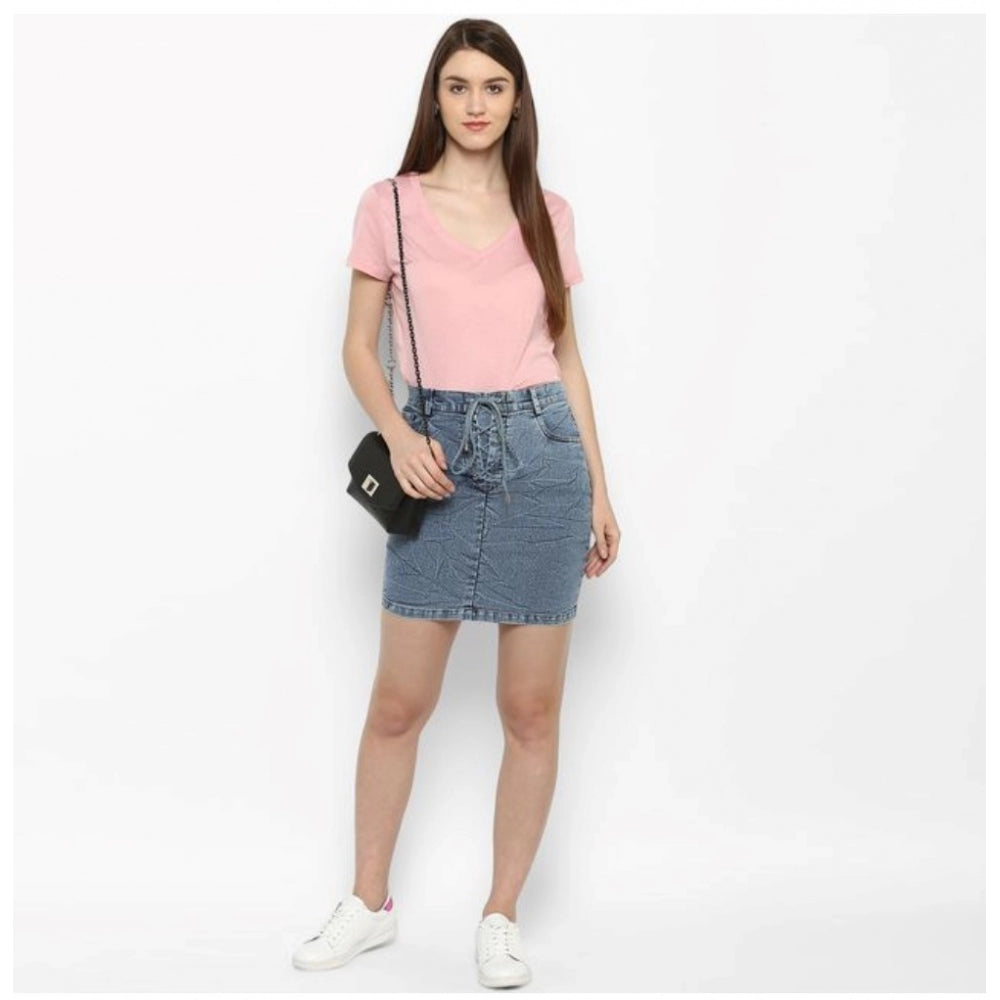 Women's Denim Draw String Buttoned Skirt (Blue)