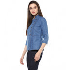 Women's Denim Solid 3-4th Sleeves Regular Top (Blue)