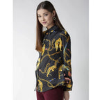 Women's Satin Printed Long Sleeves Standard Length Shirt (Black - Gold)